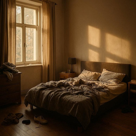 Wooden bed in a room with a window in the background.