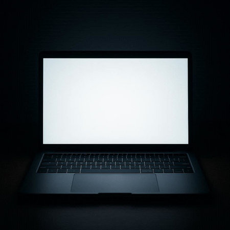 Laptop with blank screen on black background. Mock up, 3D Renderingの写真素材