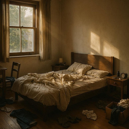Interior of a room with a wooden bed and a large windowの写真素材