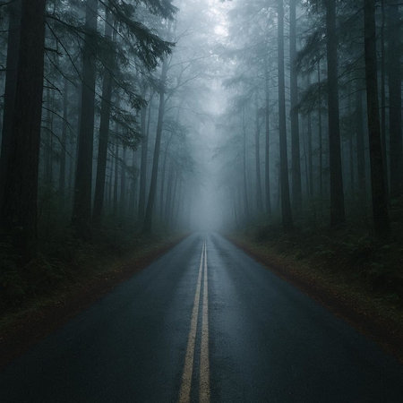 road in the misty forest with trees and fog on the ground