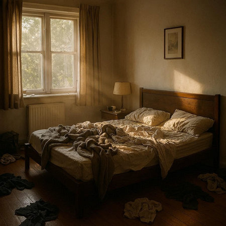 Interior of a room with a bed and a window in the morning