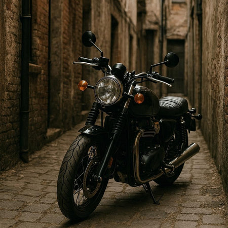 Vintage custom motorcycle parked in the streets of the old city.