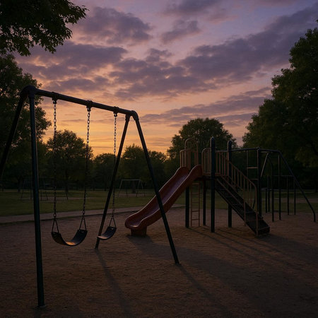 Playground in the park at sunset with children's swings and slidesの写真素材