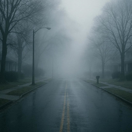 A road in a foggy city, with trees in the background.