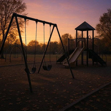 Playground in the park in the evening at sunset with a swingの写真素材