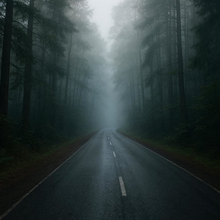 Road in the foggy forest with trees and foggy sky.の写真素材