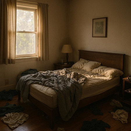 Interior of a bedroom in an old house with a wooden bed