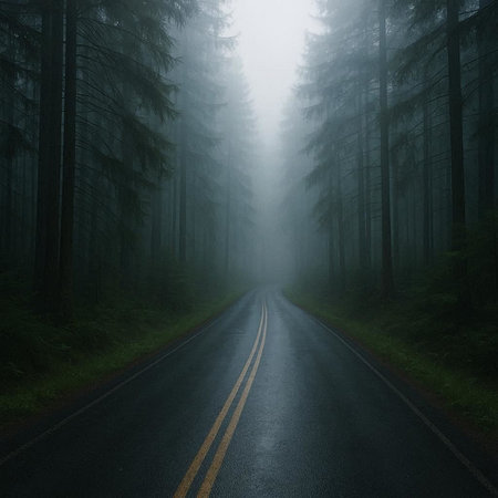 Road in a foggy forest with pine trees in the foreground.の写真素材