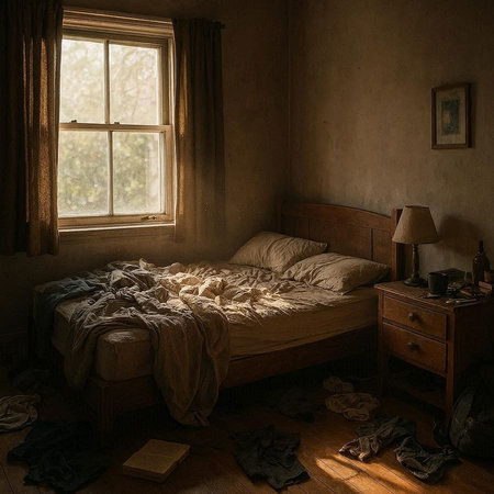 Interior of an old bedroom with a wooden bed and a windowの写真素材