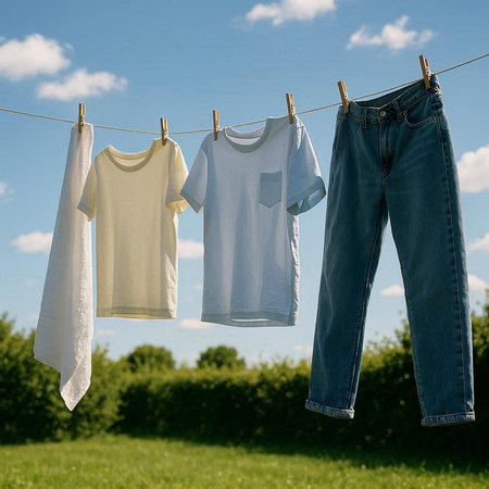 Clothes drying on clothesline against blue sky and green field.