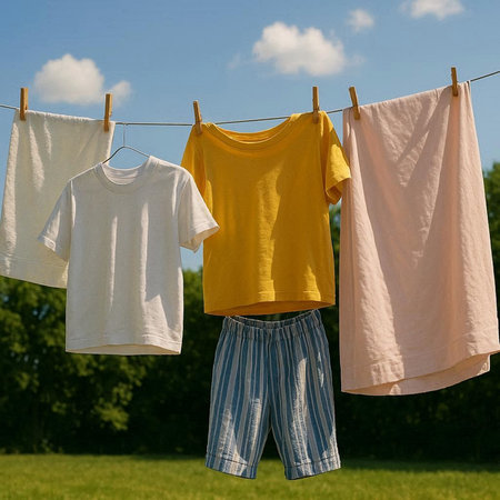 Clothes drying on a clothesline outside in a sunny day.