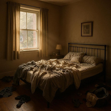 Interior of a room with a large bed and a window.