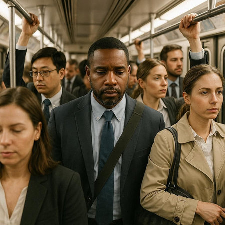Group of people traveling in a subway car and waiting for the train