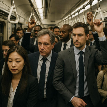 Group of business people in the subway train. Businessman and businesswoman in the subway.