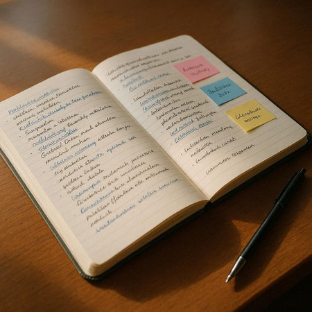 Notebook and pen on a wooden table with copy space for your text