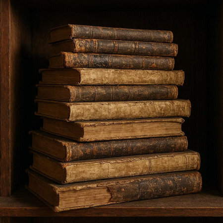 Old books on a wooden shelf in a dark room. 3d rendering