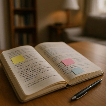 Open book on a wooden table with pen and post-it notes
