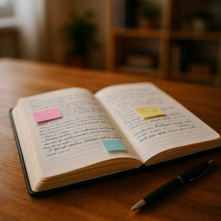 Notebook with sticky notes and pen on the table. Selective focus.