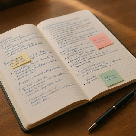 Notebook with pen and sticky notes on the table. Close up.