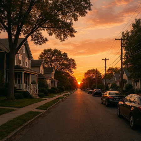Sunset in a suburban neighborhood in the United States of America.