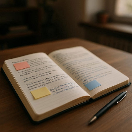 Notebook and pen on a wooden table. Selective focus.