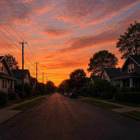 Sunset over a street in the suburbs of Boston, Massachusetts.