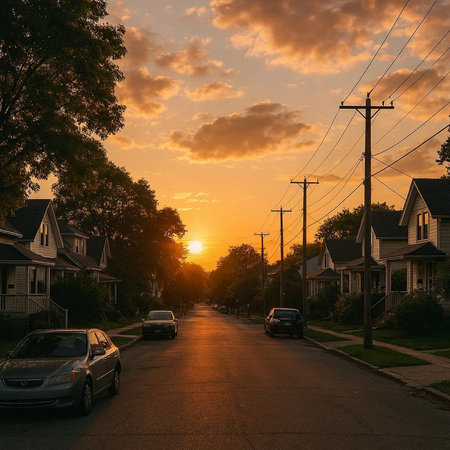 Sunset on the street in the suburbs of Toronto, Canada.