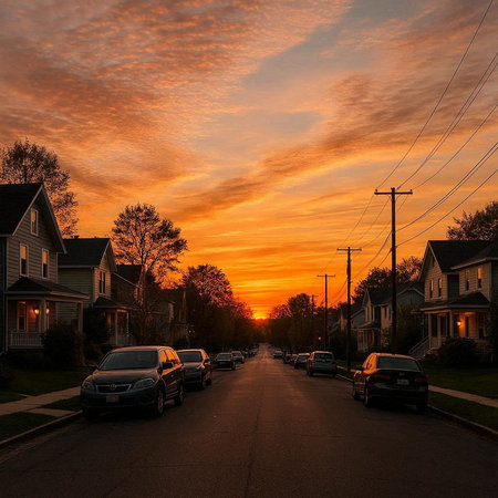 Sunset in a suburban neighborhood in the United States of America.
