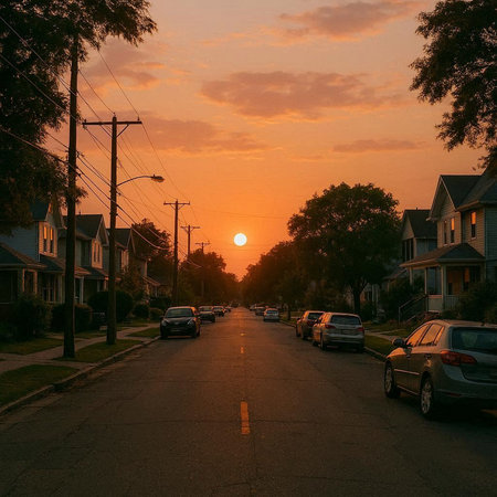 Sunset on the street of a small town in the USA.