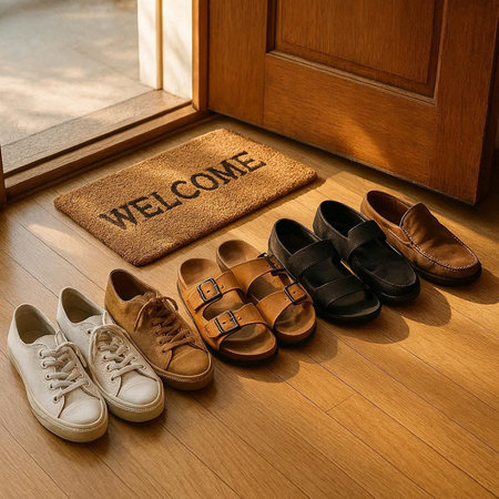 Wedding shoes on the door with welcome mat. Wedding concept