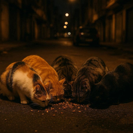 Homeless cats eating food on the street at night in the city