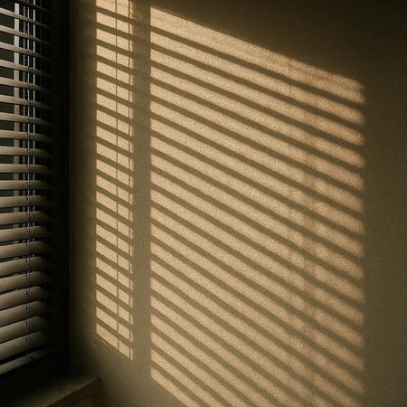 Sunlight through the window blinds on the wall in the morning