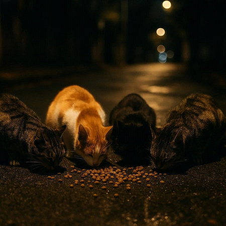 Homeless cats eating food on the street at night. Selective focus.