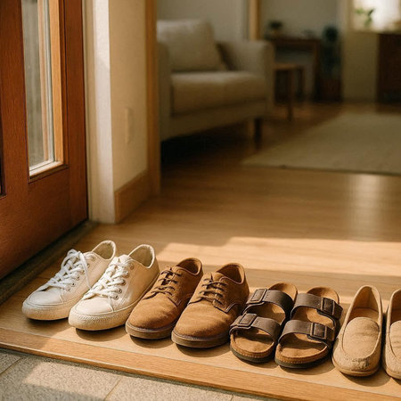 Men's shoes on the floor at home. Selective focus.の写真素材
