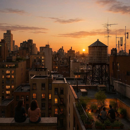 Aerial view of New York City Manhattan during sunset, USA.