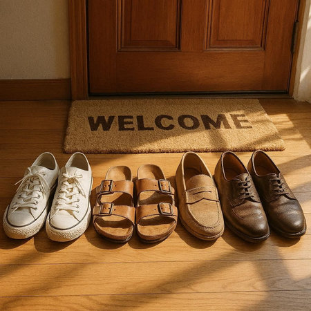 Men's shoes on the floor in front of the door with welcome text