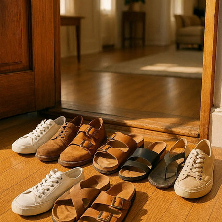 Women's shoes on the wooden floor in the interior of the room