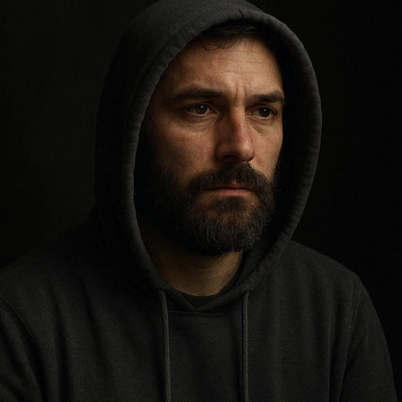 Portrait of a man with a beard in a hood on a black background
