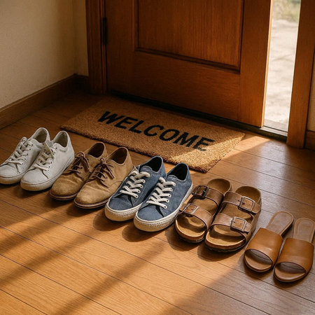 Set of shoes on the floor in front of the door with welcome sign