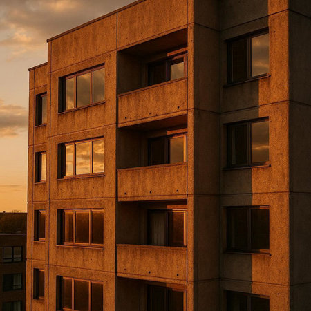 Modern apartment buildings at sunset. Facade of a modern apartment building