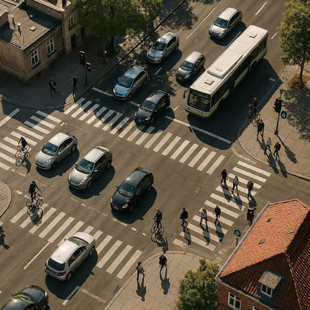 Aerial view of pedestrians crossing a crosswalk in the city.