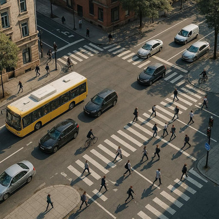 Aerial view of people crossing a crosswalk in New York City