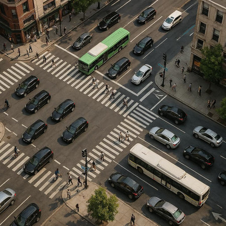 Aerial view of a crosswalk in the middle of a city