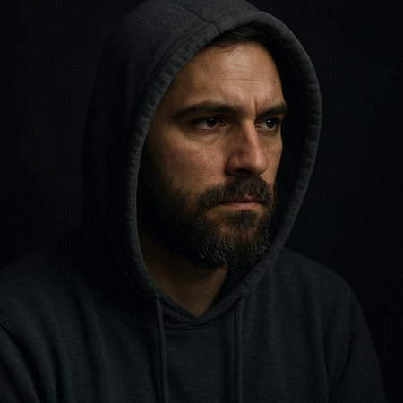 Portrait of a man with a beard in a hood on a black background