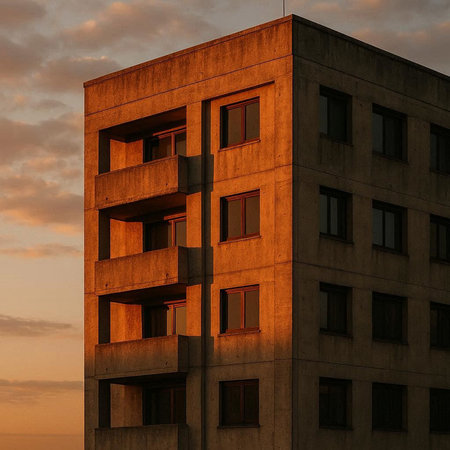 3d render of a modern apartment building with windows at sunset.