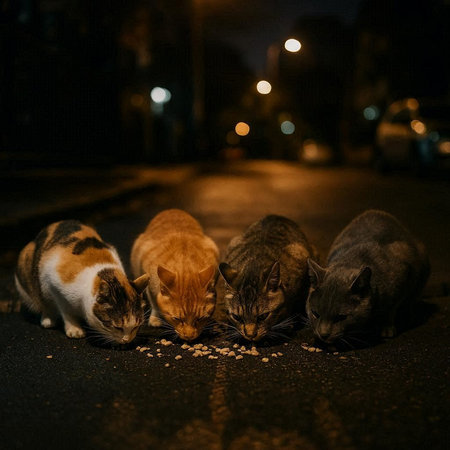 Three cats eating in the street at night. Selective focus.