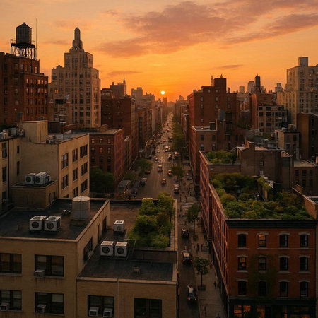 Aerial view of Manhattan at sunset, New York City, USA.