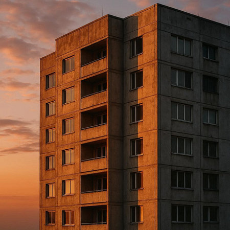 3D render of a modern multi-storey residential building at sunset