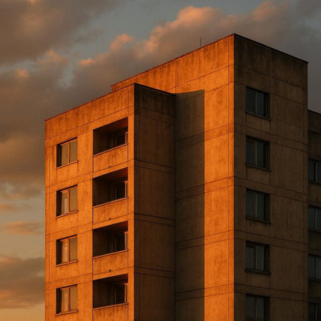 3D render of a modern apartment building at sunset with clouds in the sky