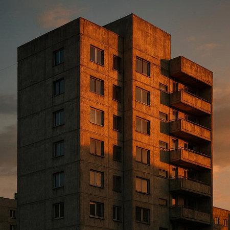 Modern apartment buildings at sunset. Facade of a modern apartment building
